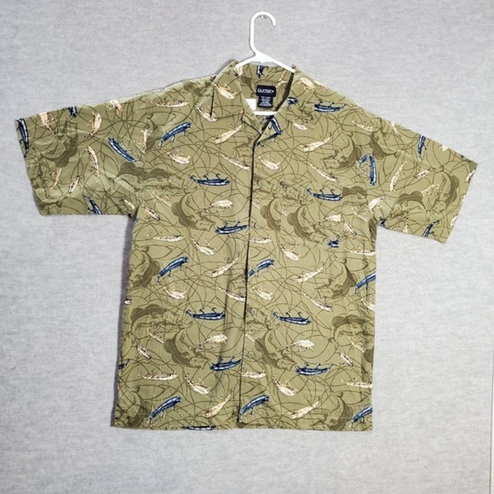 Puritan Men Button Up Medium Green Fish Bait Fishing Allover‎ Print Collar
